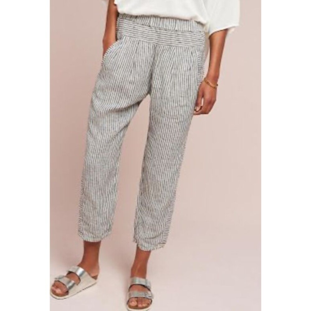 Anthropologie Women’s Striped Linen Pull-On Crop Pants size XS Tapered Lagenlook